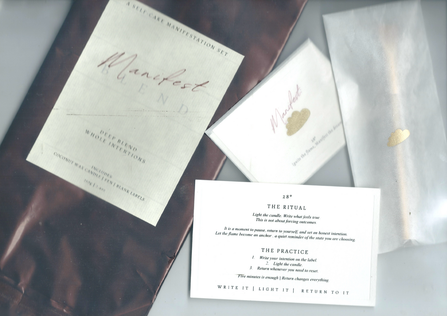 Manifest product packaging with instructions on a grey surface