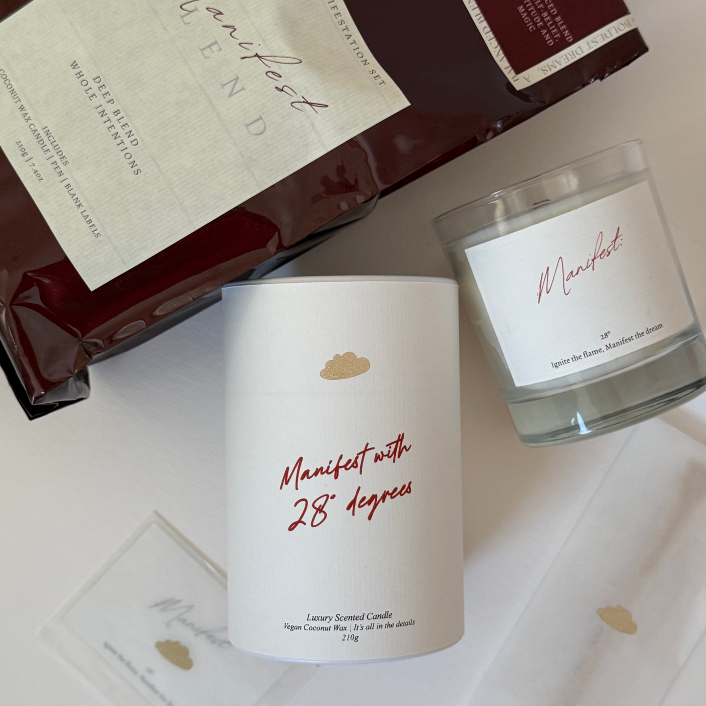 Manifest blend bag with candle pen and labels